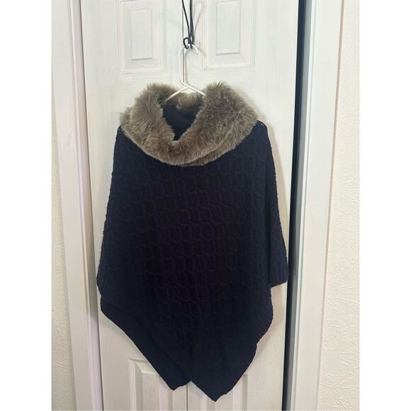 Talbots Sweaters - Talbots Women's Knit Faux Fur Collar Poncho Cape Sweater Indigo Blue Size M/L